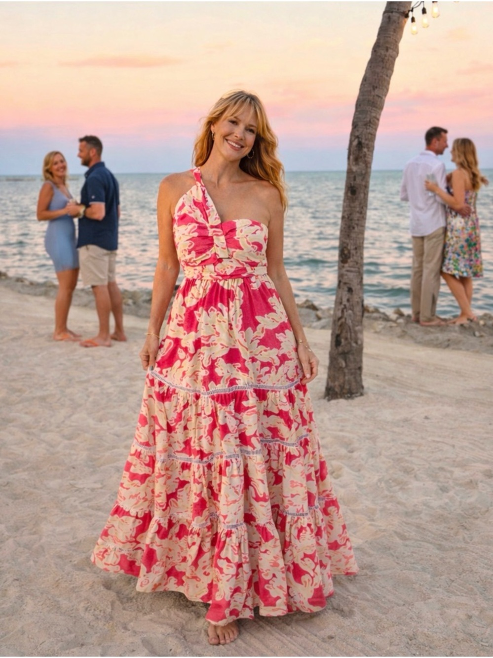 BEAUTIFUL Southern Frock One-Shoulder Maxi Dress – Pink Tropical Print, Resort